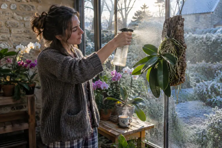 Un matin d’hiver, dans un jardin d’hiver bourguignon, une femme brumise les racines d’un Phalaenopsis monté sur liège avec un vaporisateur à brume fine
