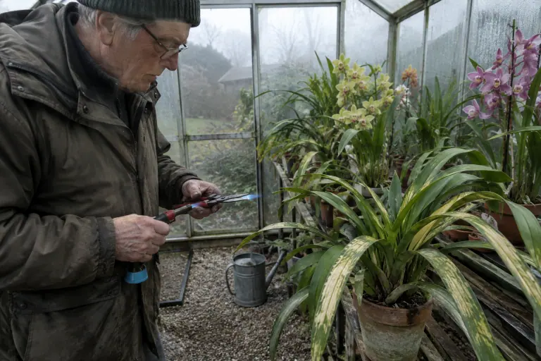 Dans une petite serre normande, un homme âgé flambe ses ciseaux devant un Cymbidium aux longues feuilles striées de marbrures jaunes